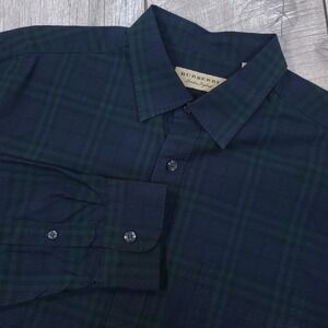 Burberry Button Up Shirt Mens Large Navy Green Plaid Long Sleeve Cotton Pocket